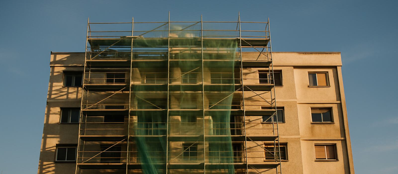 Fachada de prédio residencial em obra, coberta por andaime e tela de proteção verde, ao fim da tarde.