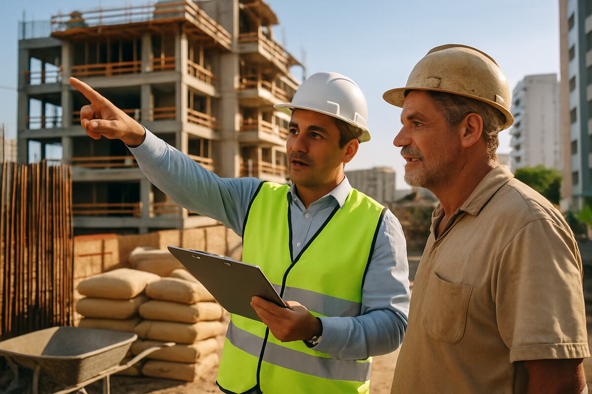 Engenheiro de capacete e colete aponta para a estrutura em obra enquanto conversa com o empreiteiro.