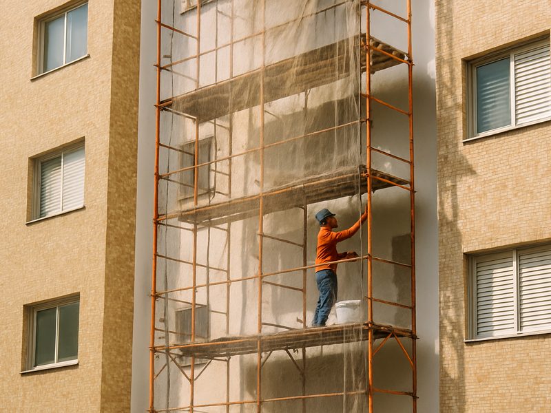 Fachada de prédio residencial com andaime montado e operário aplicando revestimento.