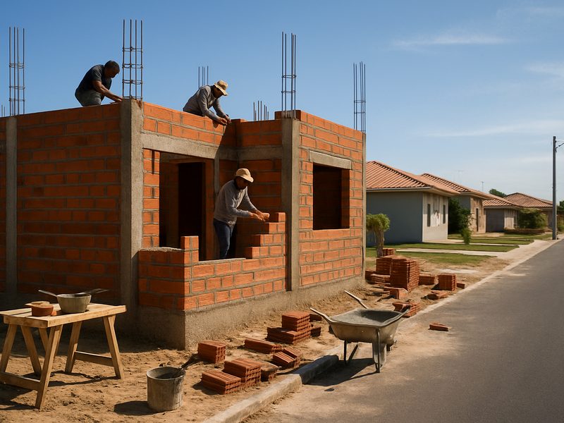 Casa em construção em condomínio horizontal, com estrutura de alvenaria erguida.