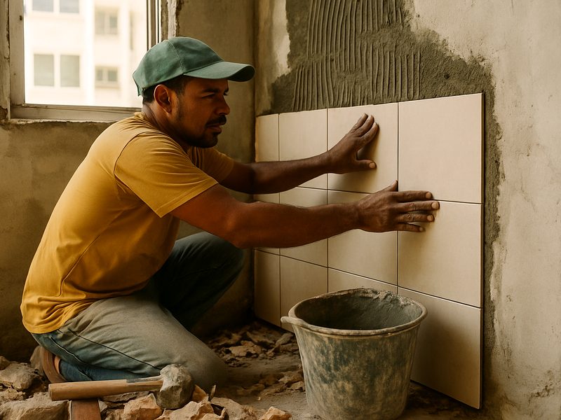 Pedreiro assentando revestimento em parede de apartamento em reforma.